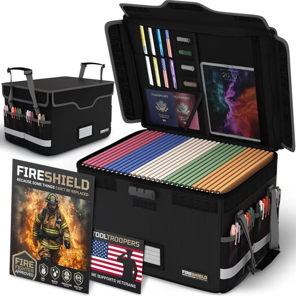 FIRESHIELD PRO Fireproof Document Box with Lock  Portable File Organizer for Hanging Letter/Legal Folders  Water Resistant, Safe Storage for Home, Office or Travel  Size: 16.1" x 12.9" x 11"