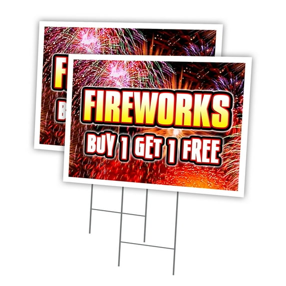 FIREWORKS BUY 1 GET 1 FREE 2 Pack Of 18" x 24" Yard Sign & Stake outdoor plastic window | Advertise Your Business | Stake Included Image On Both Sides | Made in The USA