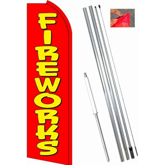 FIREWORKS (Red) Flutter Feather Flag Bundle (11.5' Tall Flag, 15' Tall Flagpole, Ground Mount Stake)