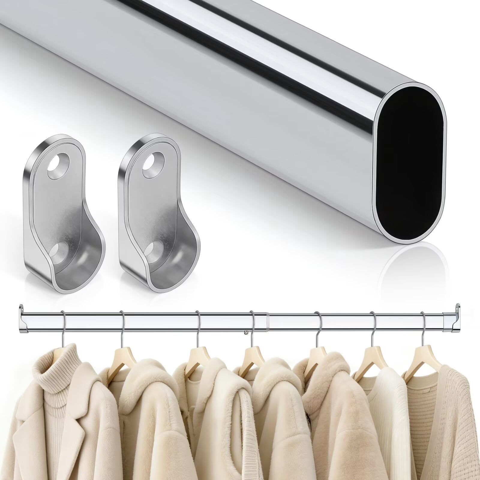 FIRJOY Premium Oval Closet Rod, No-Cut Stepless Adjustable Closet Rod