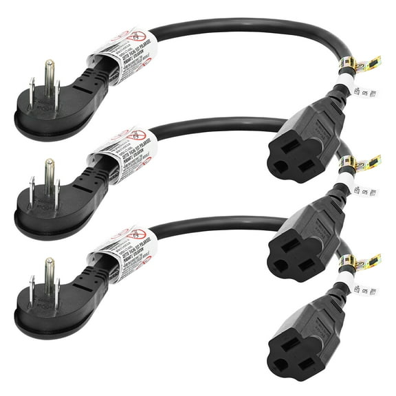 FIRMERST 1 ft 1875W Flat Plug Extension Cord, 15A UL Listed, Black, 3 Pack for Kitchen or Office Use