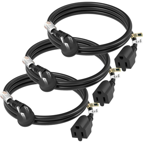FIRMERST 1875W Flat Plug Extension Cord 3 Feet 14 AWG 15A Black, Pack of 3