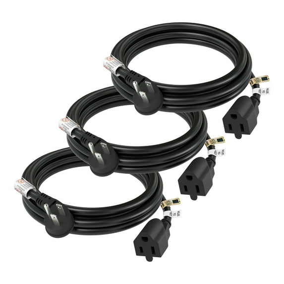 FIRMERST 6 ft Flat Plug Extension Cord, 14 AWG, 15A, Black (3 Pack) - Indoor Use