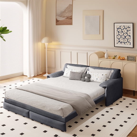 FIRSCOOK 66" Queen Sleeper Sofa Bed for Adults, Convertible with Hydraulic Storage, Pillows, Gray