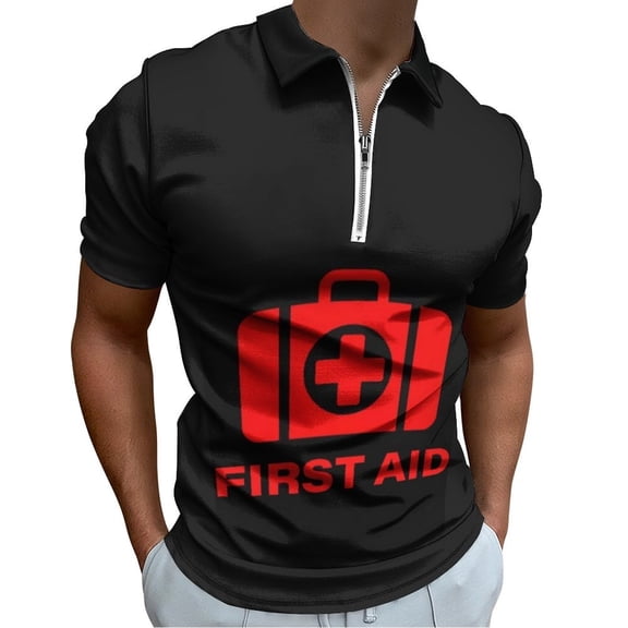 FIRST AID Men Zipper T-shirt Summer Casual Short Sleeve T-shirt Top