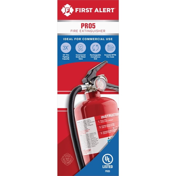 First Alert Pro5 Rechargeable Heavy Duty Fire Extinguisher - UL Rated 3-A:40-B:C - Red, 1-Pack — Residential Use, Standard Application