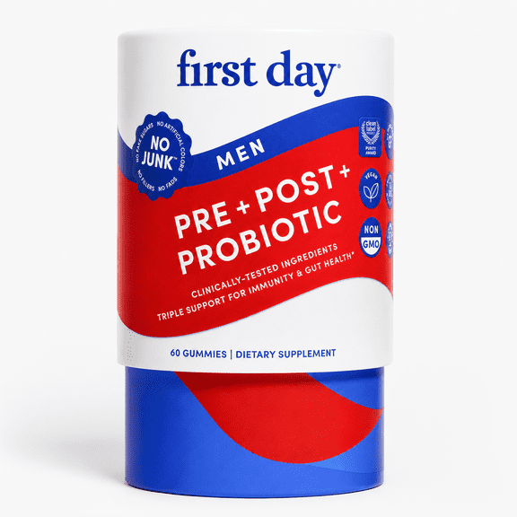 FIRST DAY 3 in 1 Probiotics for Men - Prebiotic, Probiotic & Postbiotic Supplement  Mens Probiotic for Digestive Health, Oral Health, Immune Function, Energy, Gut Health for Men  30-Day Supply