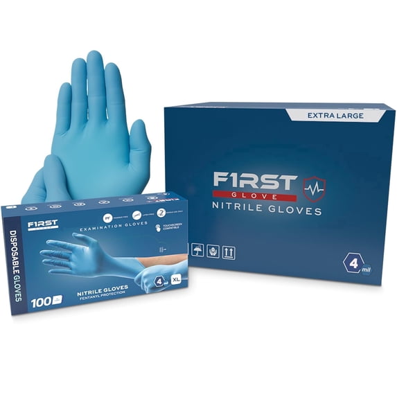 First Glove 4 Mil Blue Nitrile Disposable Gloves - Large - 100 Count - Food Safe Medical Exam Grade Gloves for Cooking & Cleaning - Latex Free, Powder Free, Micro-Textured Grip