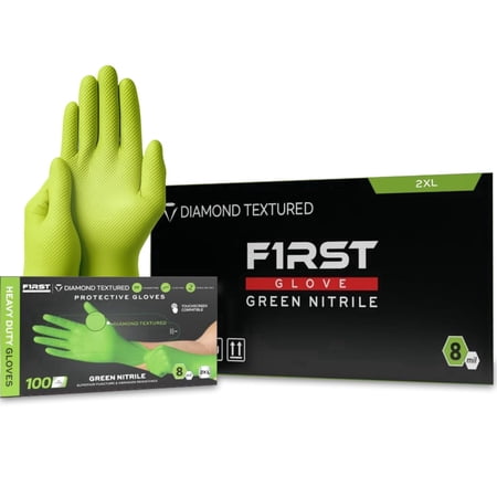 First Glove 8 Mil Heavy Duty Green Nitrile Gloves - Medium - Ct 1000 - Raised Diamond Textured Grip - Industrial Disposable Gloves for Work, Automotive & Mechanic - Latex Free, Powder Free, Extra Thi