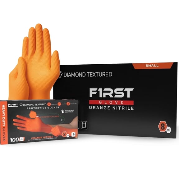 First Glove 8 Mil Heavy Duty Orange Nitrile Gloves - X- Large - Ct - 100 Raised Diamond Textured Grip - Industrial Disposable Gloves for Automotive, Mechanic & Work - Latex Free, Powder Free, Extra T
