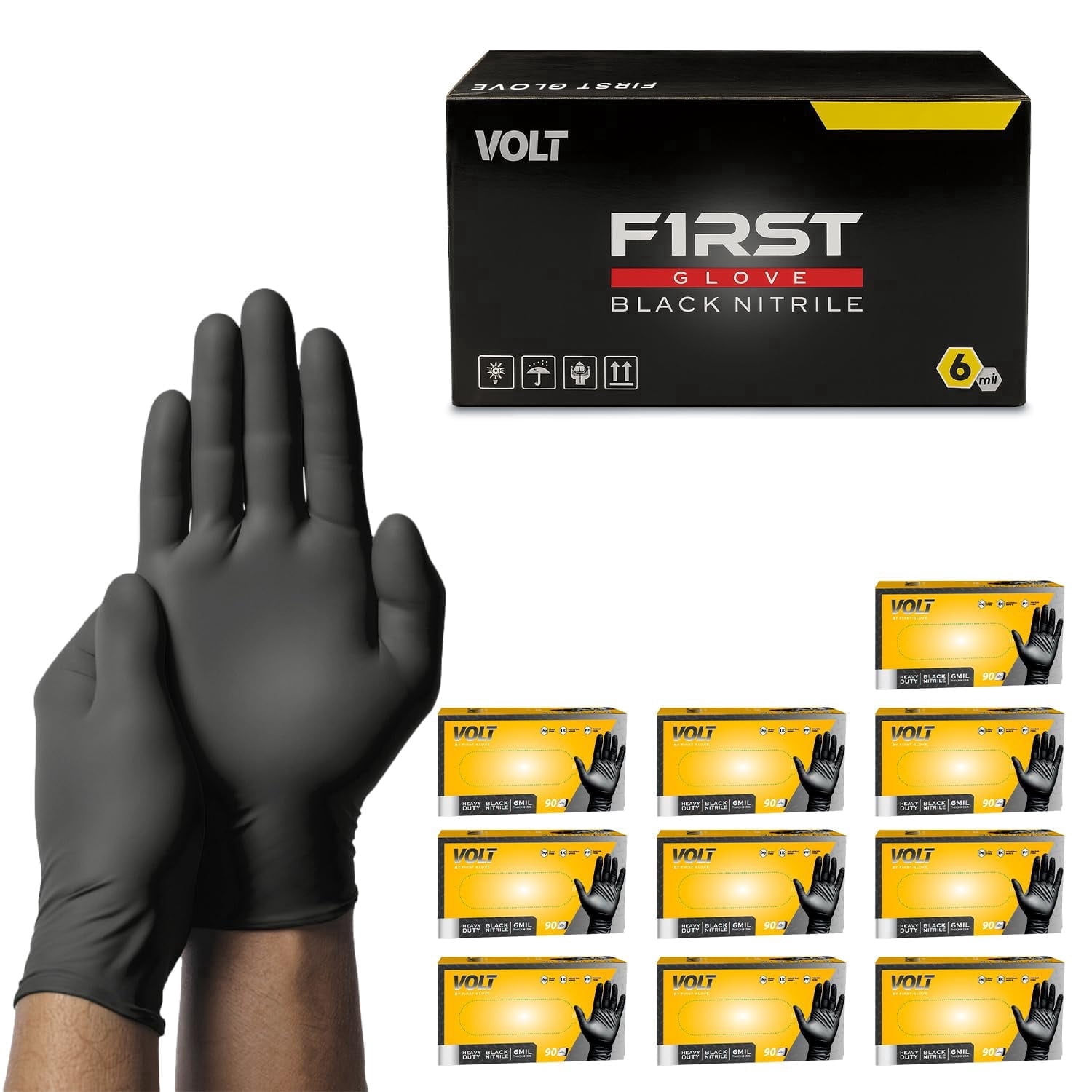 First Glove Volt 6 Mil Black Nitrile Disposable Gloves - 1000 Count Large - Food Safe Heavy Duty Gloves for Cooking, Cleaning, Industrial & Food Service - Latex Free, Powder Free, Micro-Textured Grip