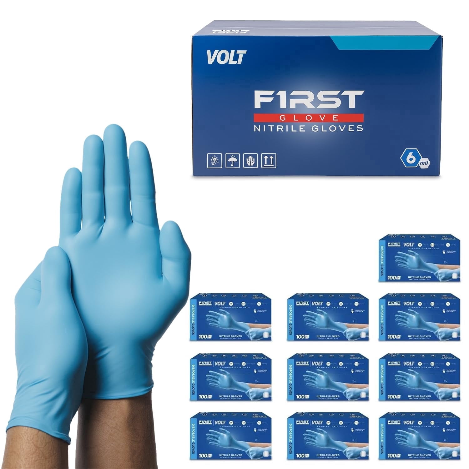 FIRST GLOVE Volt 6 Mil Blue Nitrile Disposable Gloves - Small - 1000 Count - Food Safe Medical Exam Grade Gloves for Cooking & Cleaning - Latex Free, Powder Free, Textured Grip