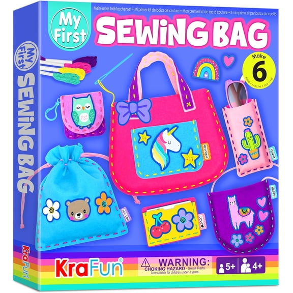 MY FIRST Sewing Bag Kit Arts And Crafts For Beginner Kids, 6 Easy DIY Sewing Handbag Pouch Sleeve Projects, Animal Theme, Instructions Learn To Sew And Felt Embroidery, Gift For Girls And Boys