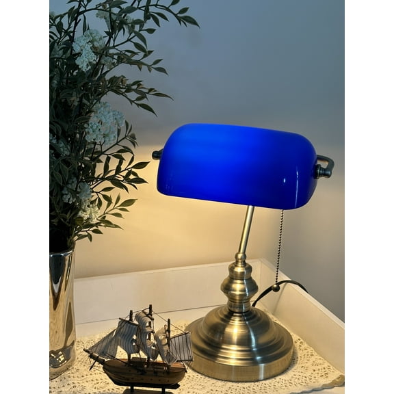 JCPYIUL Blue Vintage Bankers Desk Lamp - Hand-Blown Purple Glass Shade, Pull Chain, Bronze Base（Excluding light bulbs）