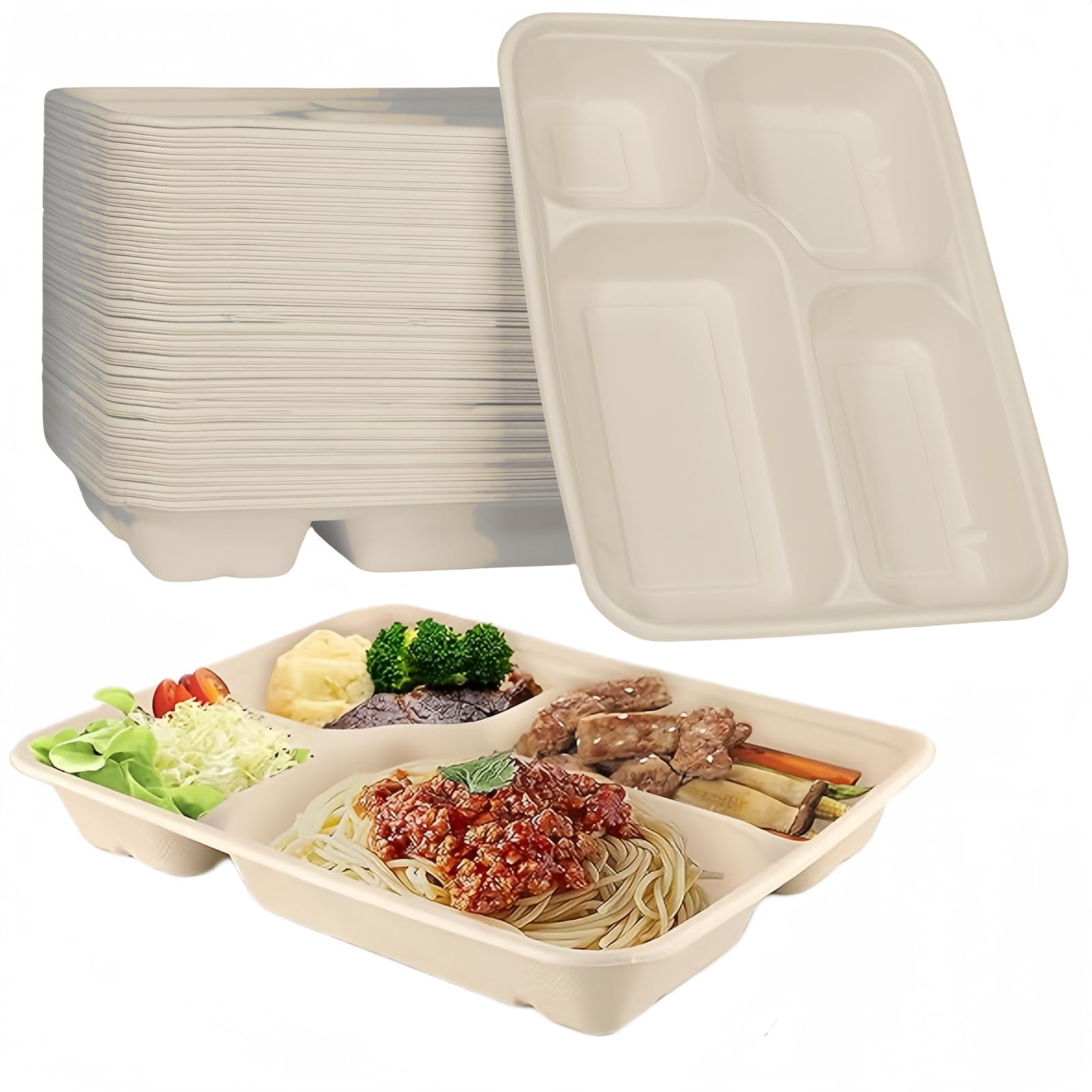 FISDEN 50 Pack Compartment KEF16 Paper Plates, Natural Sugarcane School ...