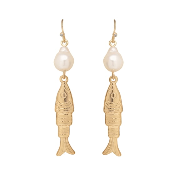 Time and Tru Women's Gold Tone Fish and Pearl Drop Earrings, Fashion Jewelry