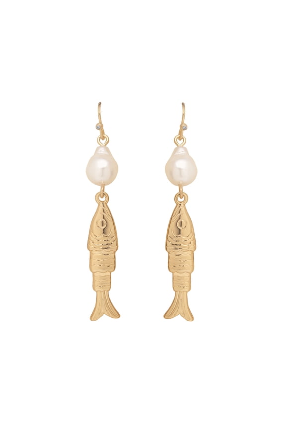Women's Gold Tone Fish and Pearl Drop Earrings, Fashion Jewelry