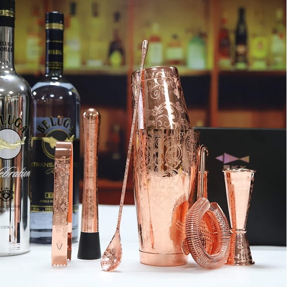 FISH Bartender Kit Cocktail Shaker Set-6 Pieces Stainless Steel Copper Plated Etching Bar Tools with Boston Shaker Tins,Mixing Spoon,Mojito Muddler,Jigger,Hawthorne Strainer,Ice Tongs