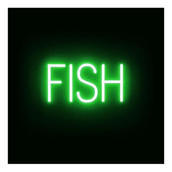 FISH Sign for Business | Green LED Neon Look | Restaurant Open Sign | 13.9" x 6.3" Changeable Letters | Indoor Advertising
