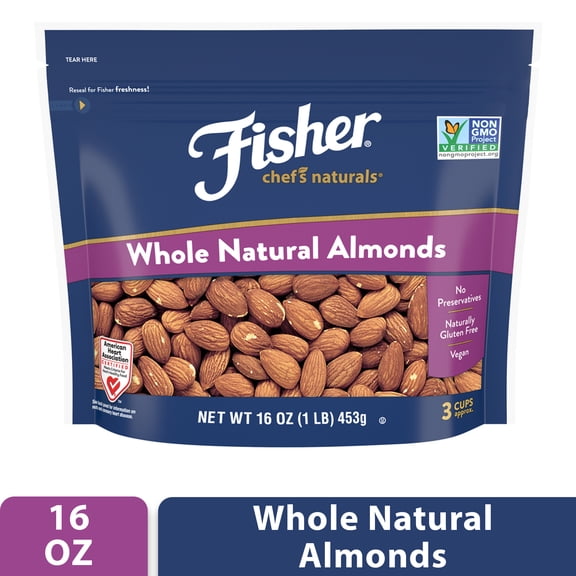 FISHER Chef's Naturals Whole Almonds, 16 oz, Naturally Gluten Free, No Preservatives, Non-GMO