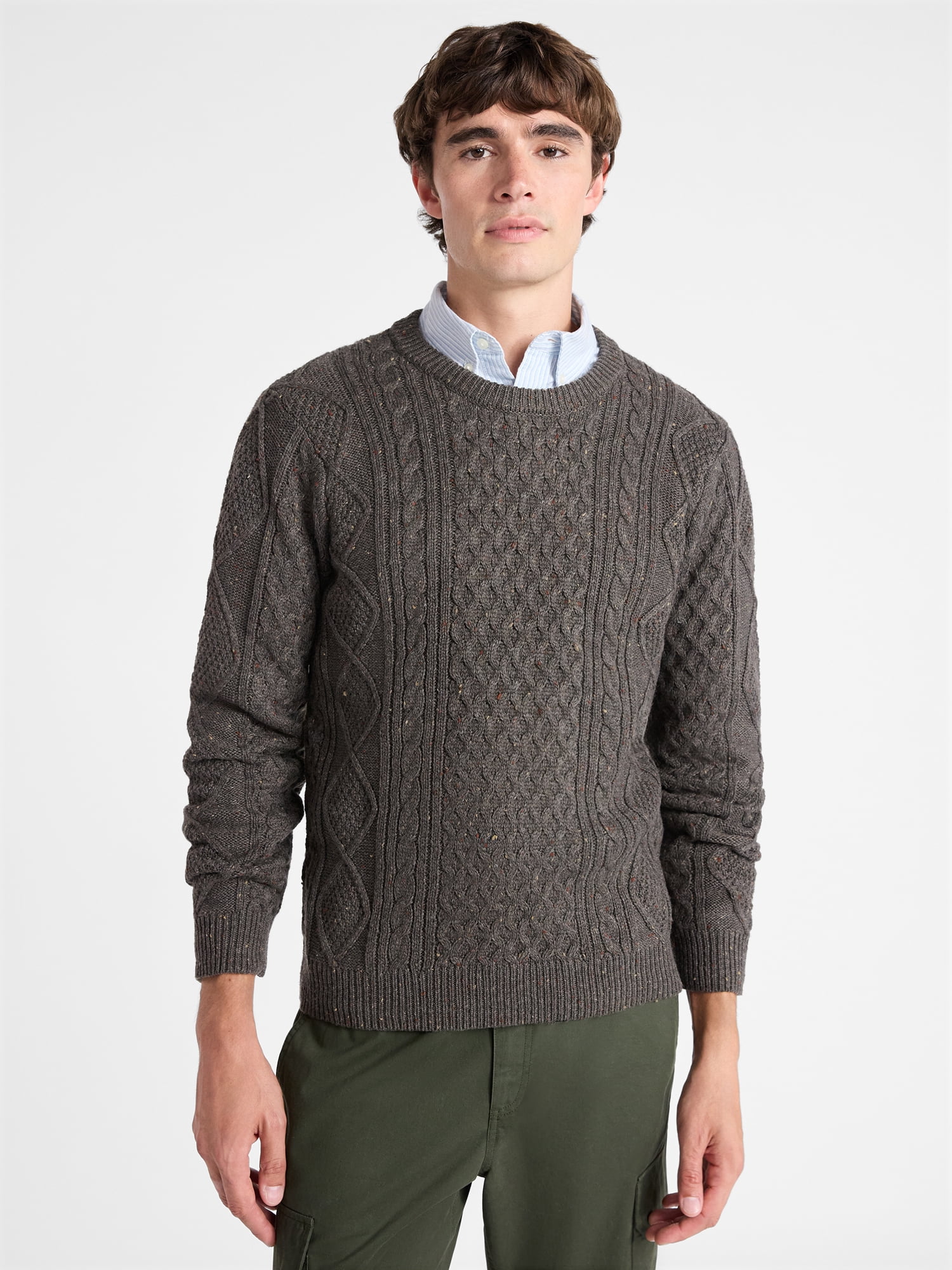 Free Assembly Men's Fisherman Crew Neck Sweater with Long Sleeves, Sizes XS-3XL