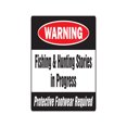 thumbnail image 1 of FISHING & HUNTING STORIES IN PROGRESS Warning Aluminum Sign fish hunter camo sports, 1 of 4