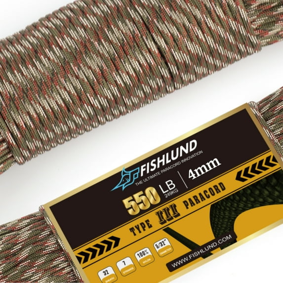 FISHLUND Paracord 550 lb, 7 Strand Type III Paracord Rope 50ft 4mm,Nylon Parachute Cord for Camping, Forest Camo
