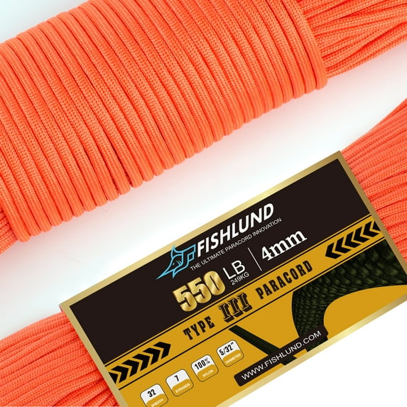 FISHLUND Paracord 550 lb, 7 Strand Type III Paracord Rope 50ft 4mm,Nylon Parachute Cord for Camping, Neon Orange