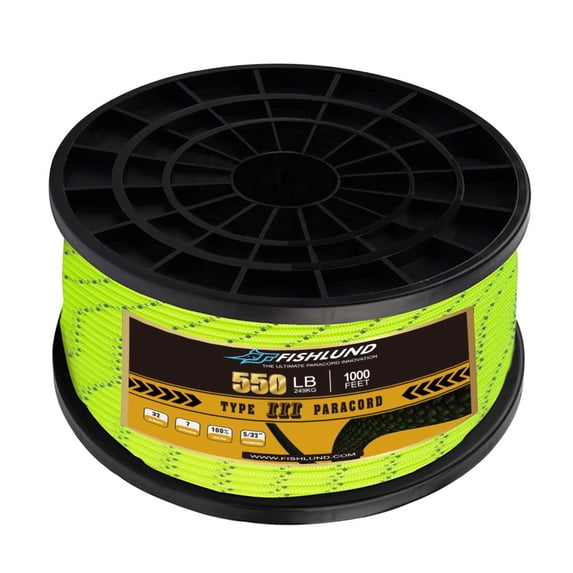 FISHLUND Reflective Paracord 550 lb, 7 Strand Type III Paracord Rope 1000ft 4mm,Nylon Parachute Cord for Camping, Neon Green