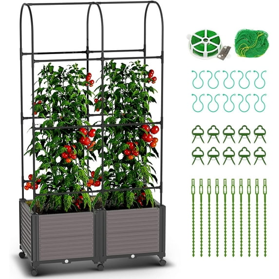 FISICOG Planter Box with Trellis & Wheels, Garden Bed for Climbing Plants Outdoor Indoor, Self Watering Raised Garden Bed Tomato Cage Planter Box for Vegetables Herbs Flowers