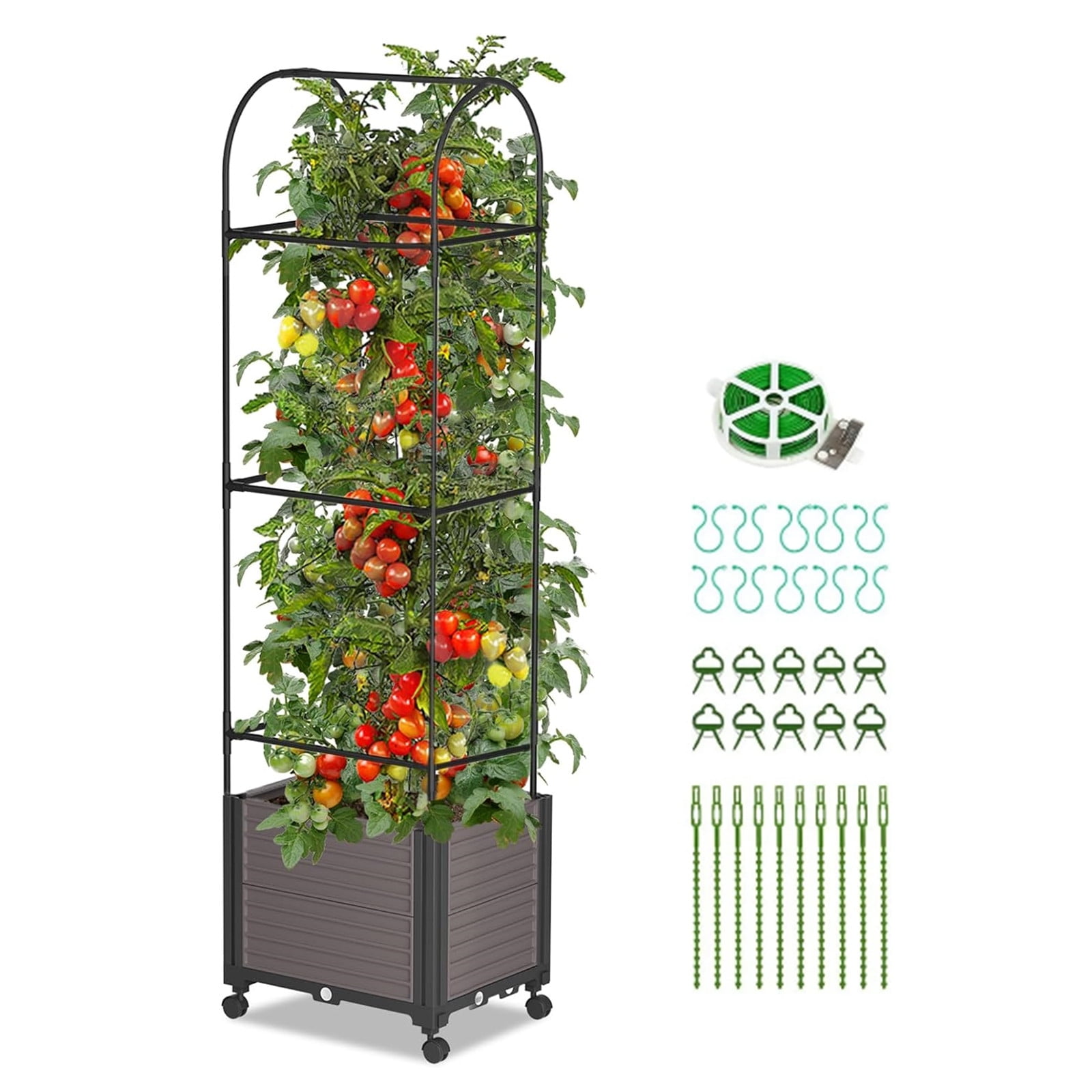 FISICOG Planter Box with Trellis & Wheels, Garden Bed for Climbing Plants Outdoor Indoor, Self Watering Raised Garden Bed Tomato Cage Planter Box for Vegetables Herbs Flowers