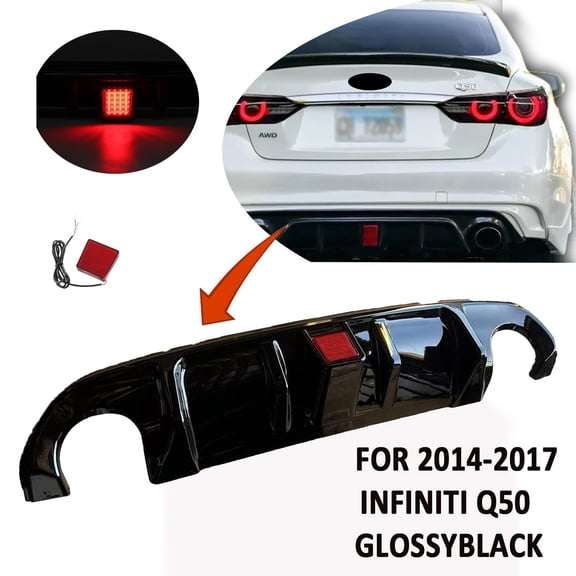 FIT 2014-2017 INFINITI Q50 REAR BUMPER DIFFUSER W/ LED BRAKE LIGHT GLOSSY BLACK