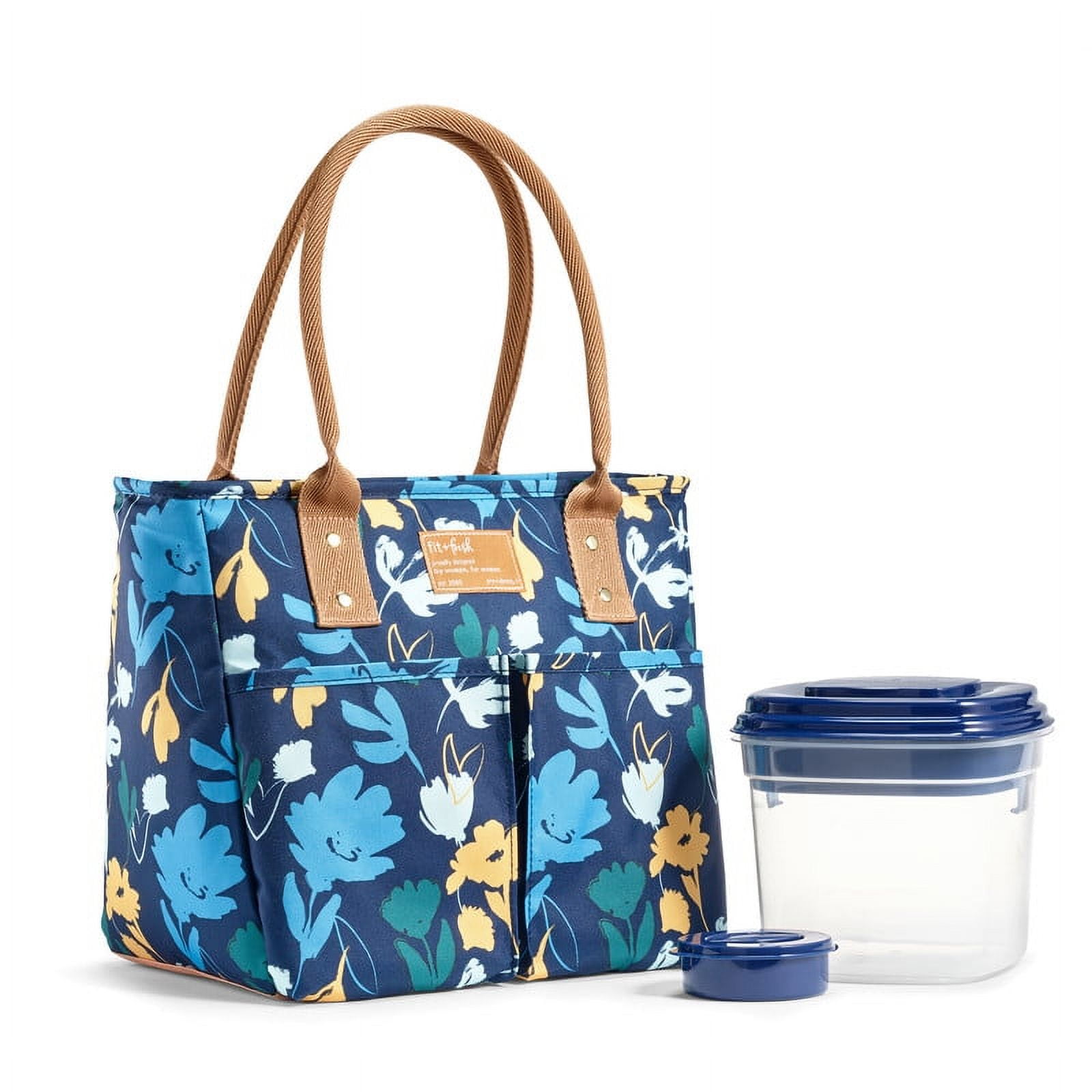 Botanical Navy Insulated Tote Bag with Plastic Salad Container