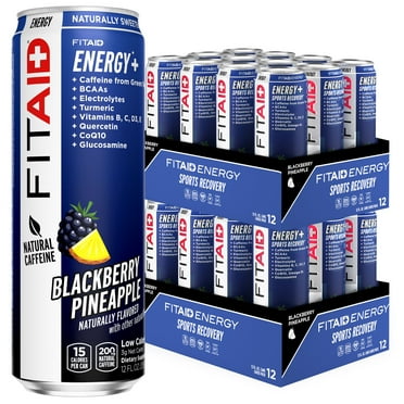 FITAID ENERGY, 200mg Natural Caffeine, Keto, Blackberry Pineapple, Optimum Performance Formula: BCAAs, Quercetin, Electrolytes, 15 Calories, Paleo, Vegan & Gluten-Free 12-oz. cans (Pack of 24)