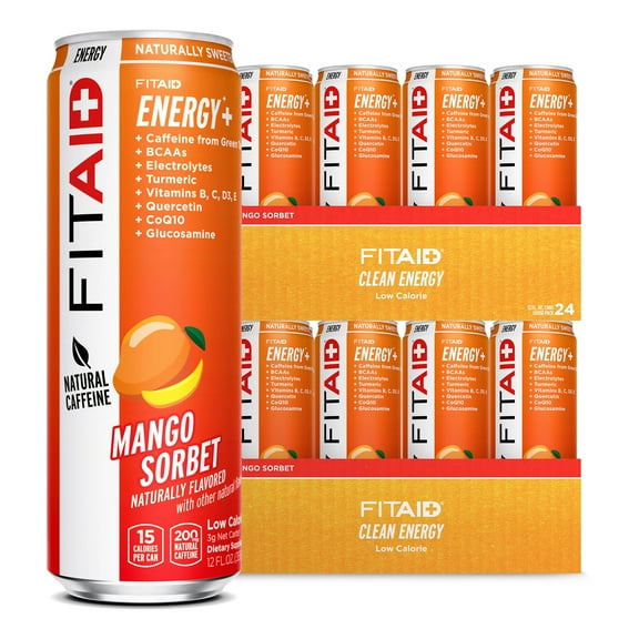 FITAID ENERGY, 200mg Natural Caffeine, Keto, Mango Sorbet, Optimum Performance Formula: BCAAs, Quercetin, Electrolytes, Omega-3s, 15 calories, Paleo, Vegan & Gluten-Free 12-oz. cans (Pack of 24)