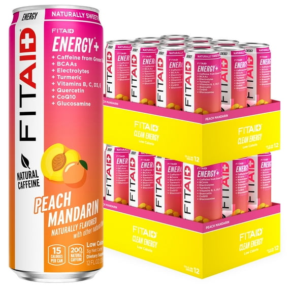 FITAID ENERGY, 200mg Natural Caffeine, Keto, Peach Mandarin, Optimum Performance Formula: BCAAs, Quercetin, Electrolytes, Omega-3s, 15 calories, Paleo, Vegan & Gluten-Free, 12-oz (Pack of 24)