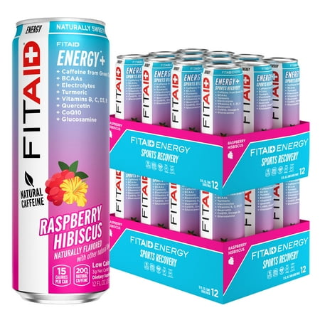 FITAID ENERGY, 200mg Natural Caffeine, Keto, Raspberry Hibiscus, Optimum Performance Formula: BCAAs, Quercetin, Electrolytes, Omega-3s, 15 calories, Paleo, Vegan & GlutenFree, 12-oz cans (Pack of 24)