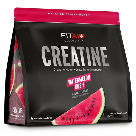 FITAID Essentials Creatine Powder Watermelon Rush, CreaPure Creatine Monohydrate, ATP Production for Weightlifting, Cycling, Zero Sugar, Smooth-Mixing, Easy on Stomach, Resealable, 60 Servings
