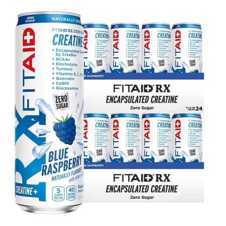 FITAID RX Zero Sugar, Encapsulated Creatine, Workout Recovery Drink, 24 Pack. All-In-One Blend, BCAAs, Glucosamine, Turmeric, B-Complex, Naturally Sweetened, Blue Raspberry, 12 Fl Oz