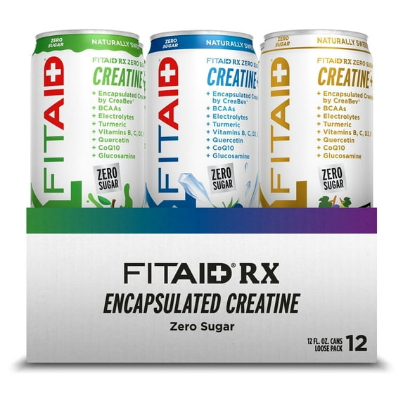 FITAID RX Zero Sugar, Encapsulated Creatine, Workout Recovery Drink, Variety 12 Pack. All-In-One Blend, BCAAs, Glucosamine, Turmeric, Naturally Sweetened, Juicy Apple, Blue Raspberry, Sour Grape