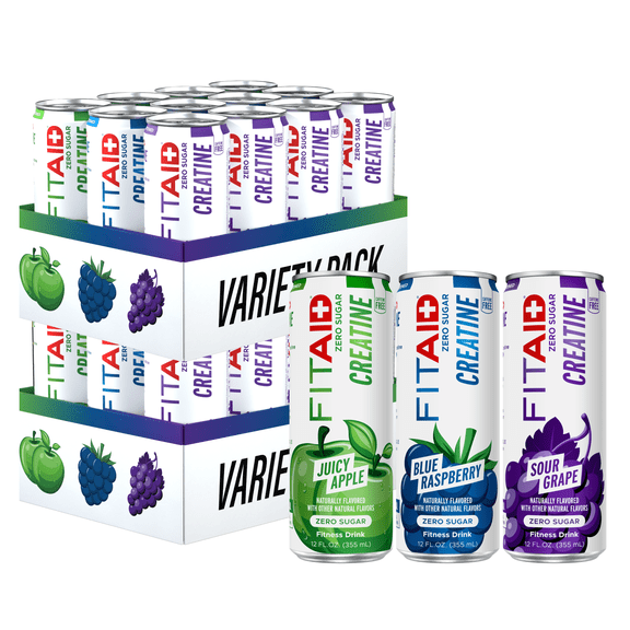 FITAID Creatine Zero Sugar Variety Pack, Encapsulated Creatine, Workout Recovery Drink, 24 Pack, 12 fl oz