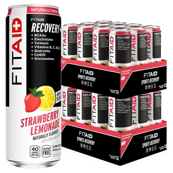 FITAID Recovery Blend, Strawberry Lemonade, BCAAs, Glucosamine, Electrolytes, Omega-3s, 100% Clean, Paleo, Vegan & Gluten-Free, No Sucralose, 12-oz. cans (Pack of 24)