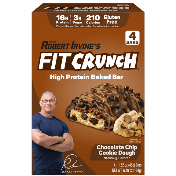 FITCRUNCH Chocolate Chip Cookie Dough, High Protein Baked Bar, 16g Protein, 4ct