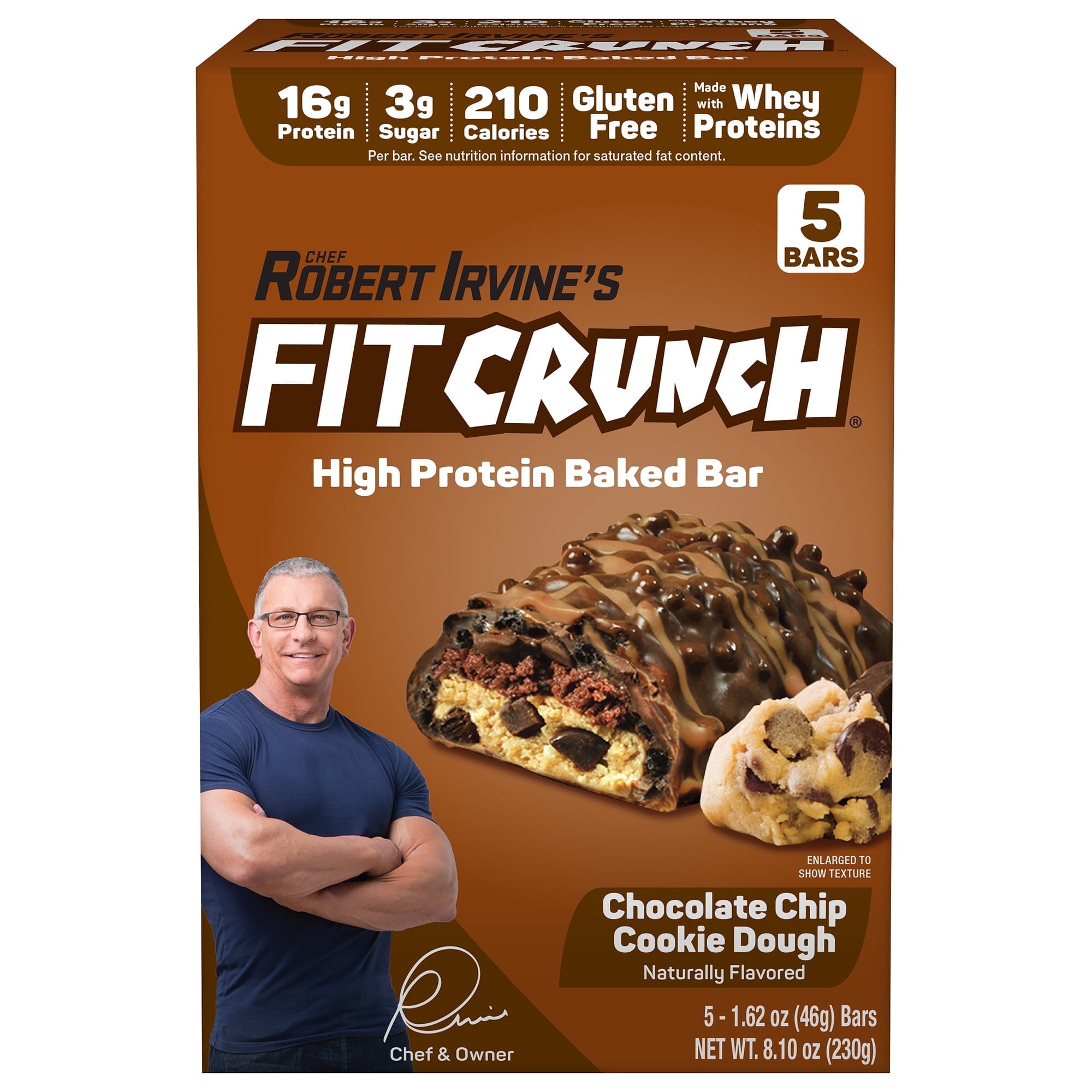 FITCRUNCH Chocolate Chip Cookie Dough, High Protein Baked Bar, 16g Protein, 5ct ( 2 Box )