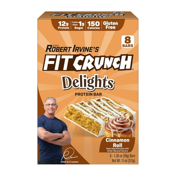 FITCRUNCH Delights Protein Bar, 12g of Protein & 1g of Sugar (8 Bars, Cinnamon Roll)