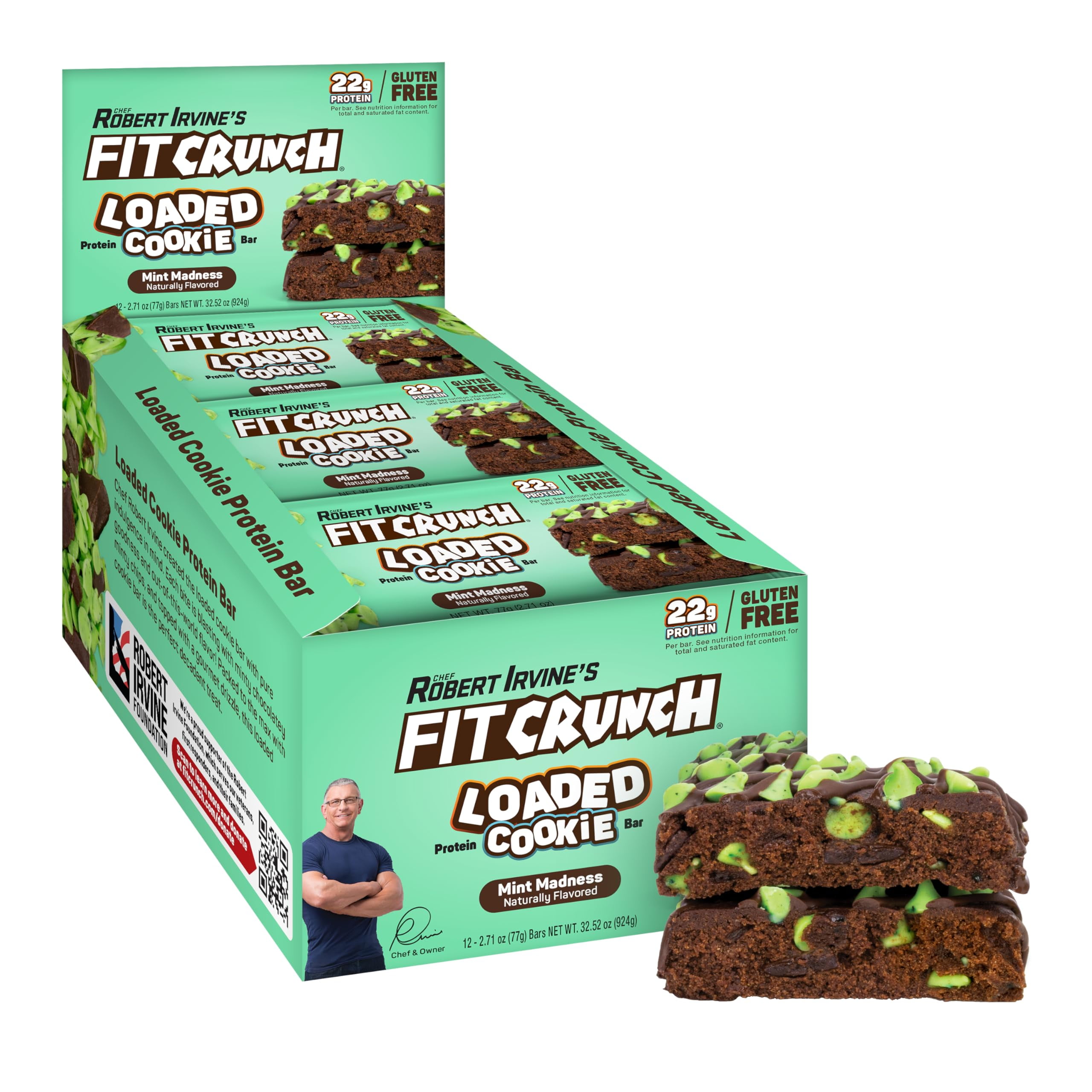 FITCRUNCH Loaded Cookie Protein DMF15 Bar, High Protein, Gluten Free, Protein Snack (12 Cookie Bars, Mint Madness)
