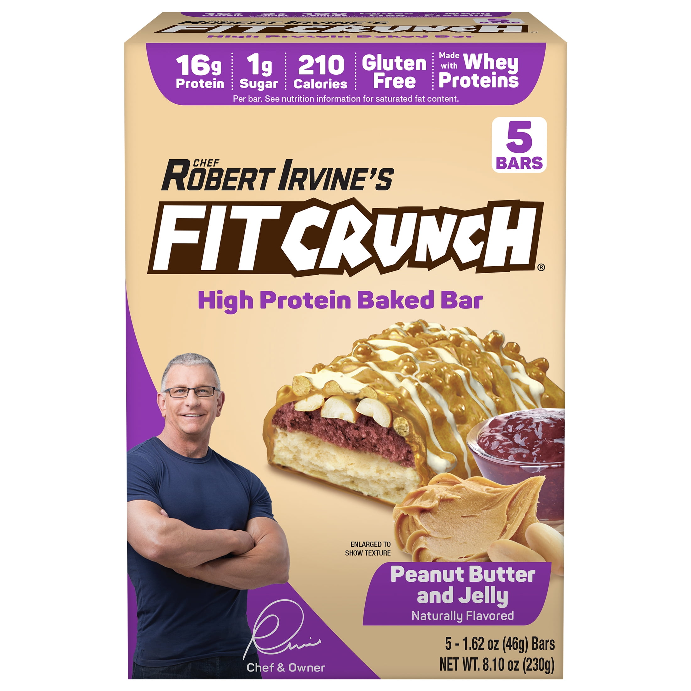 FITCRUNCH Peanut Butter and Jelly, High Protein Baked Bar, 16g Protein, 5ct