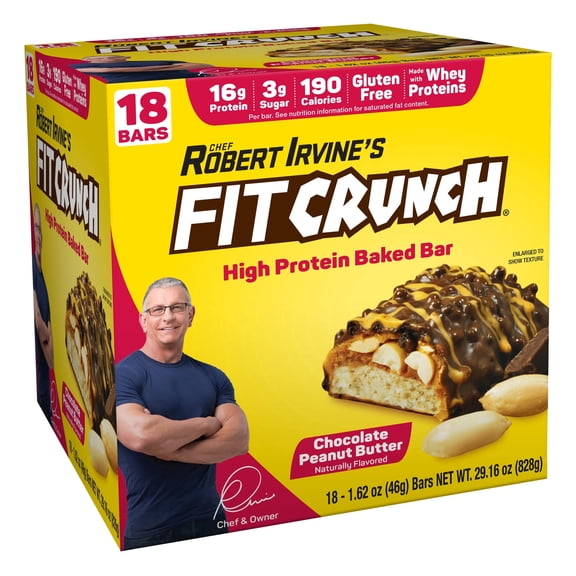 FITCRUNCH Snack Size Protein RRF12 Bars, Designed by Robert Irvine, 6-Layer Baked Bar, 3g of Sugar, Gluten Free & Soft Cake Core (18 Bars, Chocolate Peanut Butter)