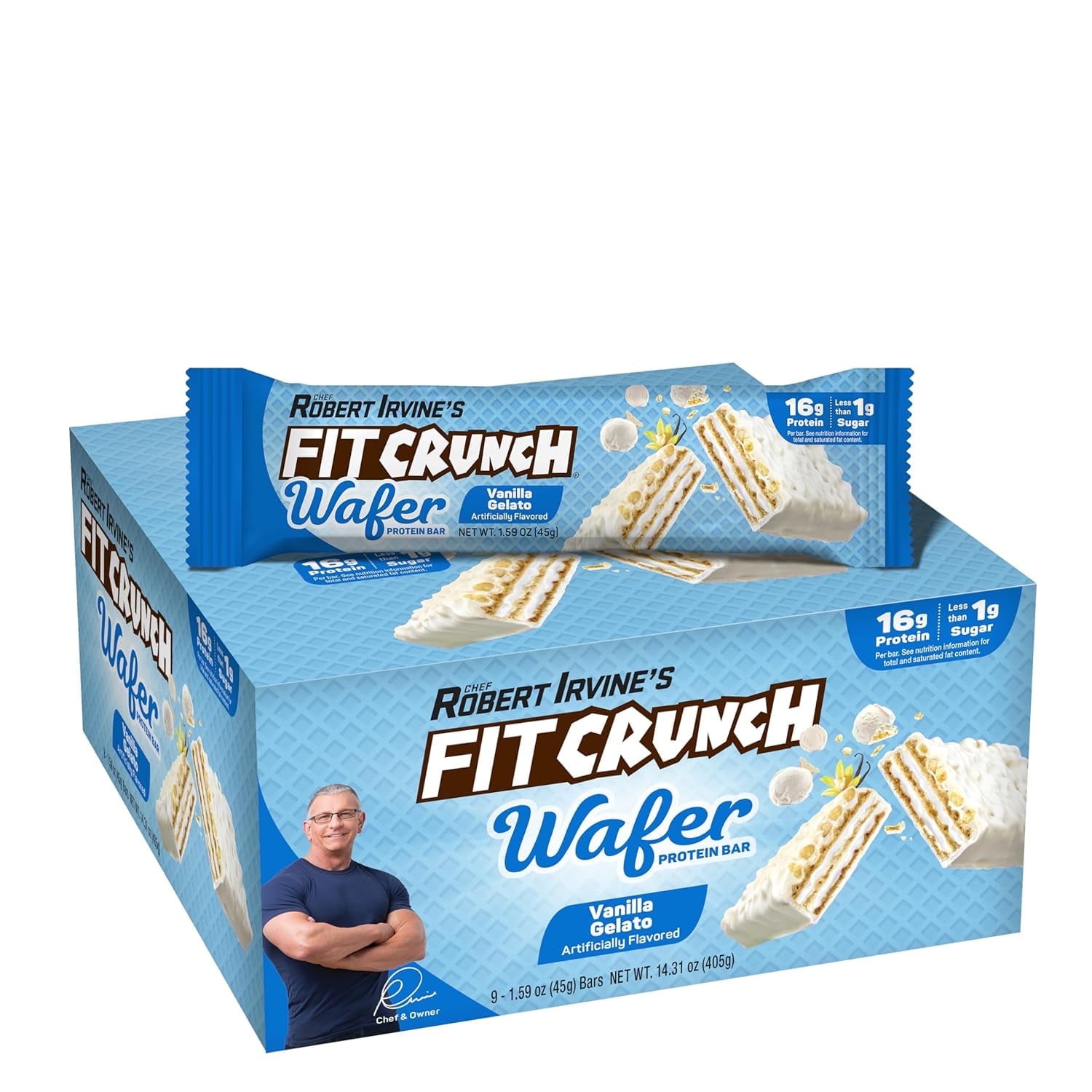 FITCRUNCH Wafer Protein Bars, 16g of Protein & 1g of Sugar (9 Bars, Vanilla Gelato)