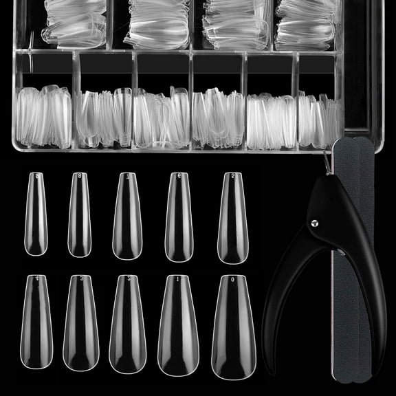 FITDON 120pcs Long Coffin Ballerina Fake Nail Tips & 1pc Acrylic Nail Clipper Cutter & 2pcs Nail Files for Women Girls